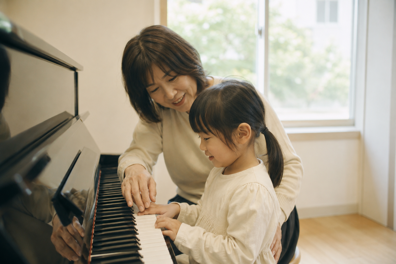 教室でピアノを弾く子どもと寄りそう講師